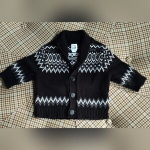 Baby Gap Skiing Bear Black Fair Isle Button Up Sweater With Shawl Collar | 3-6 M